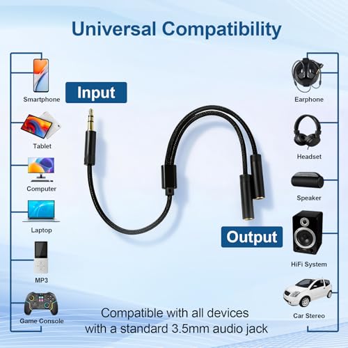 3.5mm Headphone Splitter, 1 Male to 2 Female, 11 in, Black | 24K Gold-Plated Connectors, Oxygen-Free Copper, Nylon Braided, Audio Output Only, No Mic or Inline Controls