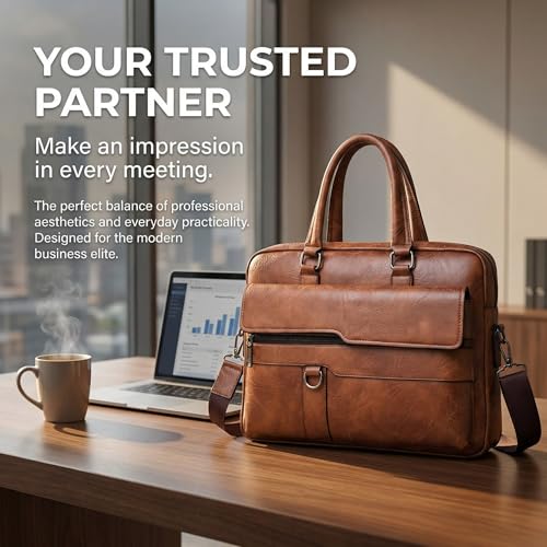 Men's Leather Laptop Bag 15 IN, Water-Resistant Briefcase Messenger Bag for Work, Business, Shoulder Crossbody Office Satchel - color: Deep Khaki