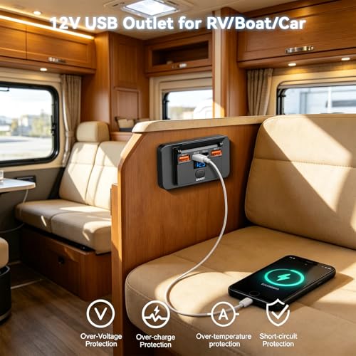 15W 5V USB Outlet Panel Wall Mount – Dual 15W PD & Dual QC3.0 Car USB Charger Socket, Waterproof ON/Off Switch, Surface Mount for RV, Boat, Truck, ATV & Marine(4 Interface)