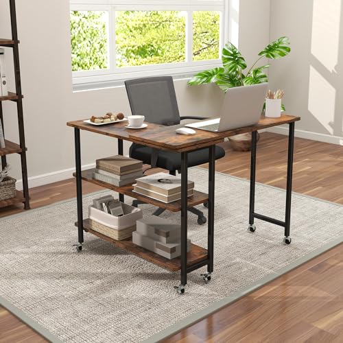 Giantex 360° Free Rotating Sofa Side Table, Mobile L-Shaped Laptop Desk with Sturdy Metal Frame, 6 Universal Casters, Movable Couch Snack Table with 2-Tier Storage Shelf for Home (Rustic Brown) - color: Rustic Brown