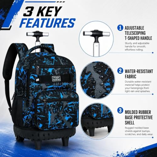 3Pcs Rolling Backpack for Boys, Men Roller Bag with Wheels for Adults, 19 Inche Graffiti Wheeled Bookbag with Lunch Box(Blue) - color: Graffiti Blue