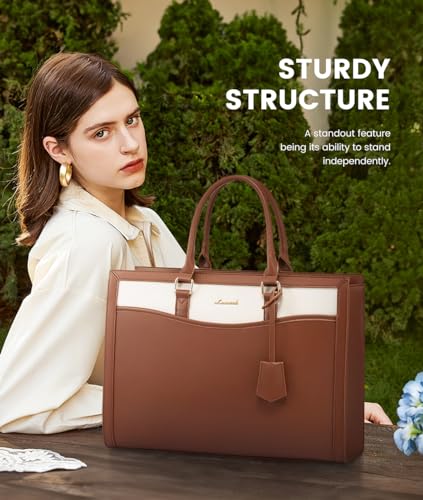 LOVEVOOK Laptop Tote Bag for Women, Leather Office Work Bag Briefcase fit for 15.6 inch Laptop, Large Teacher Computer Bag Handbag,2pcs Set Leather/Brown-White | PU Leather Business Briefcase Teacher Travel College Bag Handbag fit for 15.6 inch Laptop, Of