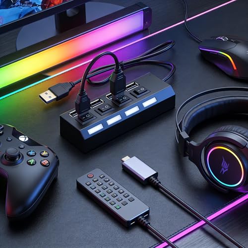 1Pcs 4-Port USB 2.0 Hub with Individual On/Off Switches, Portable USB Splitter Expander for PC Laptop Computer, Black