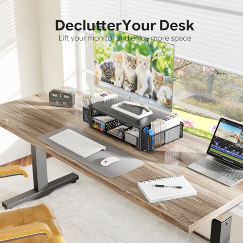 Simple Trending 2-Tier Desk Organizer, Computer Monitor Stand Riser, Black | Metal Laptop & Printer Stand, Desktop Organizer with Drawer & 2 Pen Holders, Anti Slip Pads, 18.5"W x 9.5"D x 4.75"H - size: 18.5"W x 9.5"D x 4.75"H