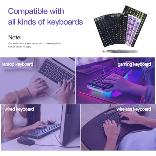 2PCS English Keyboard Stickers with Tweezer, Universal Keyboard Sticker Purple Background with White Lettering Keyboard Letters Replacement Stickers for Computer Laptop Notebook Desktop -English - color: English-purple/White