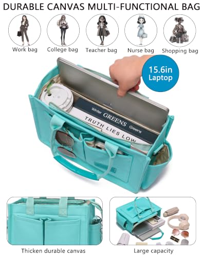 Canvas Tote Bag for Women,Women's Bags Crossbody Bags Work Laptop Tote Bag Large Handbags Purse for Travel Nurse Teacher - color: New Upgrade Plus Green With Compartments and Inner Cup Holder