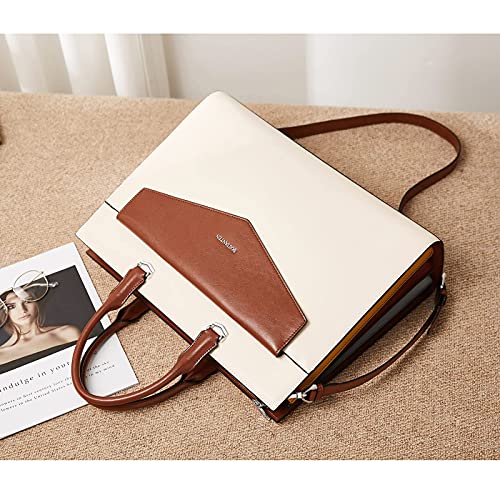 BOSTANTEN Briefcase for Women Laptop Tote 15.6 Inch Genuine Leather Handbag Work Bag Beige - color: A-beige&brown