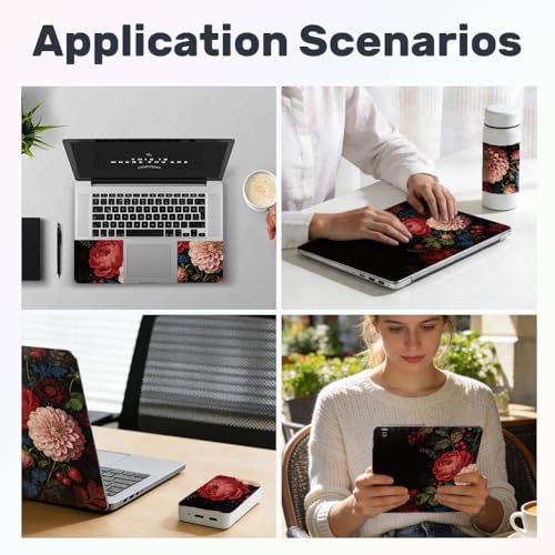 3Pcs Red Flowers Laptop Skin Sticker Plants Universal Removable Vinyl Stickers Fits for 12.1 13 14 15.6 16 Inch Waterproof Notebook Decal Cover Gift for Woman - color: Black and Light Pink