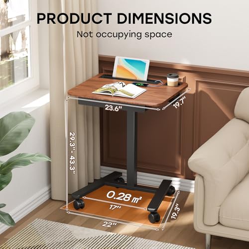 Small Mobile Standing Desk with Drawer, 23.6" x 19.7" Top | Height Adjustable Portable Laptop Desk with Wheels & Cup Holder, Sit Stand Computer Workstation for Compact Space, Dark Wood - color: Dark Wood, size: 24"