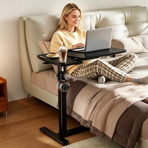 Overbed Table with Wheels, Pneumatic Height and Tilting Desktop | Top Tilts 0-60° with Anti-Slip Stops, Hook, Capacity 66 lbs, 1.18 in Low-Profile Base Slides Easily Under Beds and Sofa - color: Black