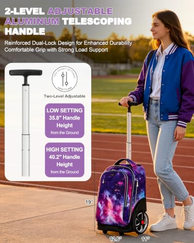 NEW TILAMI 19 Inch Rolling Backpack with Lunch Bag School Stair-Climbing | Stair-Climbing Teen Boys Girls Carry-on Suitcase Large Compartment 15.6 Laptop Sleeve Adjustable Handle Roller Travel Bag - color: Purple Starry