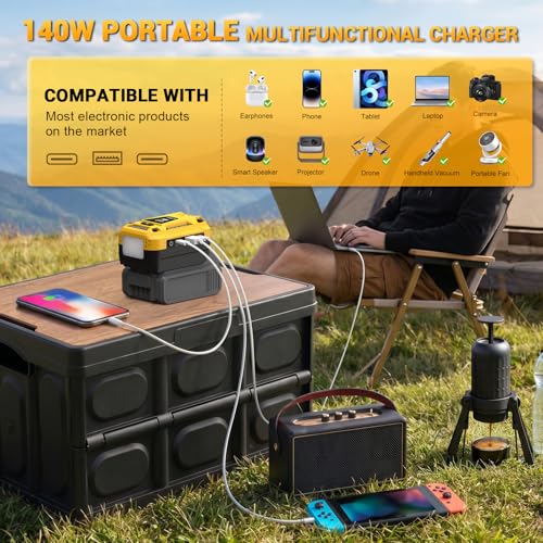 140W Fast Battery Bidirectional Charger Compatible with Dewalt 20V Battery | Dual USB-C 140W Output, Single USB-A 18W Output, Maximum Output of 280W, 700LM LED Work Light & LED Display (No Battery) - color: Yellow
