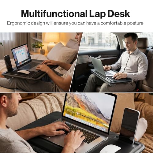 Portable Lap Desk Wood Laptop Tray with Cushion, Lightweight Laptop Stand for Bed Lap Tray with Built-in Mouse Pad, Wrist Rest, Phone Slot, Lap Stand for Sofa and Bed