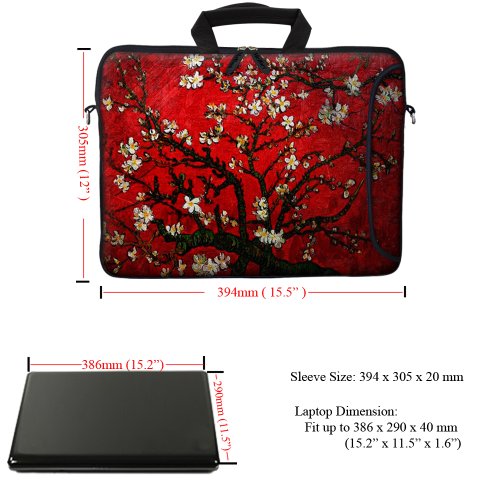 Meffort Inc 15.6 Inch Neoprene Laptop Bag – Water Resistant, Reinforced Zipper, Adjustable Shoulder Strap, Extra Side Pocket, Fits 15 to 15.6 Inch Laptops - Cherry Blossoming - color: Vincent Van Gogh Cherry Blossoming