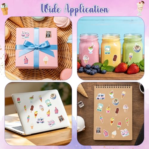 Haooryx Ice Cream Sticker Rolls - 1000Pcs Watercolor Summer Ice Cream Stickers 2 Rolls Waterproof Vinyl Self Adhesive Water Bottle Activity Pad Birthday Gift Party Favor DIY Scrapbook Journal Supplies - style: Ice Cream