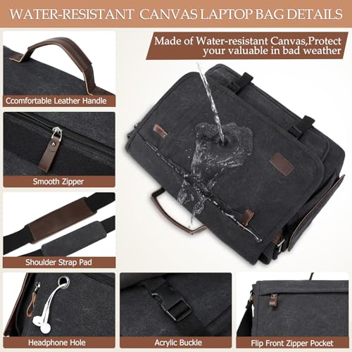 17.3 Inch Messenger Bag for Men: 2PCS Laptop Bag PU Leather Canvas Work Briefcase Large Office - color: Black