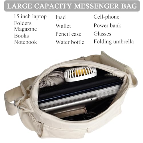 High Density Canvas Messenger Bag for Men/Women, 15” Large Crossbody Shoulder Bag Tote Bag for College/Travel/Work Daily Use | High Density Canvas - color: Beige