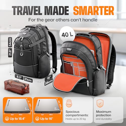 EVERKI Business 120 Pro Backpack, 2 Laptop Compartments & Rain Cover - 40L | Nylon, Polyester, Durable, Multi-Padded Pockets, Travel-Friendly, School & Work, 180° Fold-Out Design, Fits up to 18.4" - style: Business 120 Pro