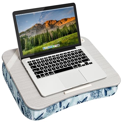 LAPGEAR Designer Lap Desk – Blue Blossoms, Fits 15.6” Laptops | Built-In Phone Slot, Device Ledge, Conforming Microbead Cushion, Carry Handle - color: Blue Blossoms, size: Single Lap Desk