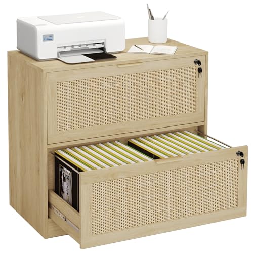 HOPUBUY 2 Drawer File Cabinet with Lock, Printer Stand Lateral | Home Office and School, Wood Rattan Filing Cabinet for Hanging Files/Letter/Legal/A4/F4 Size, Natural, 2Drawer,Set1 - color: Natural, size: Set1