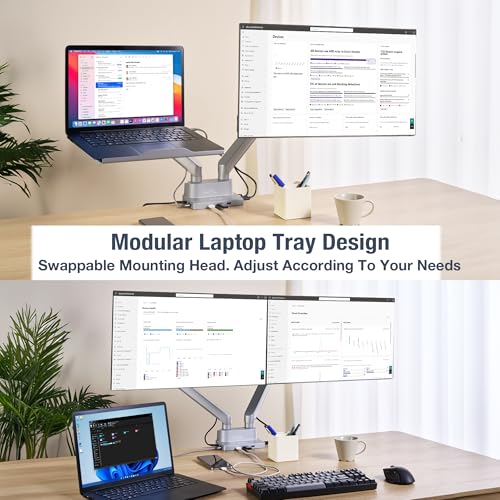 AVLT Laptop & Monitor Arm Desk Mount for 17-38" Screens, USB-C Dock - Gray | Supports flat/curved screens up to 22 lbs each. 12-17" laptop tray, 7-in-1 USB-C dock, HDMI 4K60, Ethernet and 100W PD - color: Gray