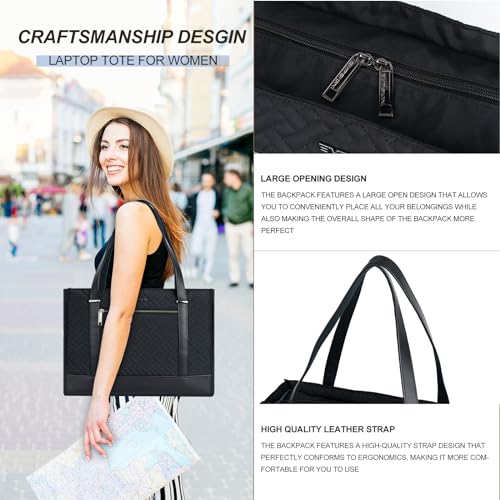 EMPSIGN Laptop Tote Bag for Women 16 Inch, Stylish Computer Shoulder Tote Bag for Work, Large Capacity Quilted Laptop Briefcase, Waterproof Women Business Office Bag, Quilted Black - color: Quilted Black