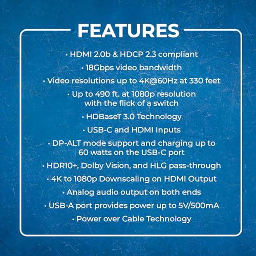 OREI 4K KVM HDMI USB-C Extender Balun HDBaseT 3.0 UltraHD 4K @ 60Hz 4:4:4 Over Single CAT5e/6/7 Cable with HDR, LAN, CEC, & IR Support, RS-232 Up to 330 Ft Audio Out - Power Over Cable - size: 4K HDMI & USB-C w/ KVM