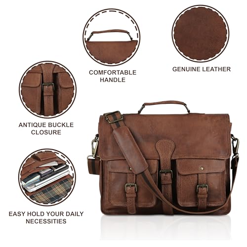 Leather briefcase 18 inch laptop messenger bag for men and women best satchel office bag - color: Tan, size: 16 inch