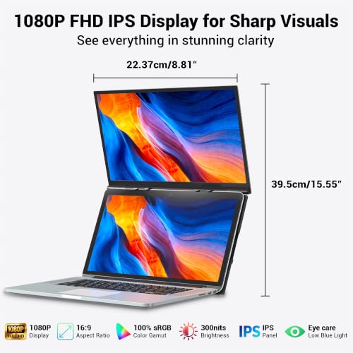 kasorey Laptop Screen Extender, 15.6'' FHD 1080P Dual Portable Monitor, One Cable Plug-Play Stacked Monitor Extender for 13-17.3" Laptops, Ultra-Thin 0.16" Foldable Travel Monitor for Mac/Win/Android - size: 15.5" Dual Screen