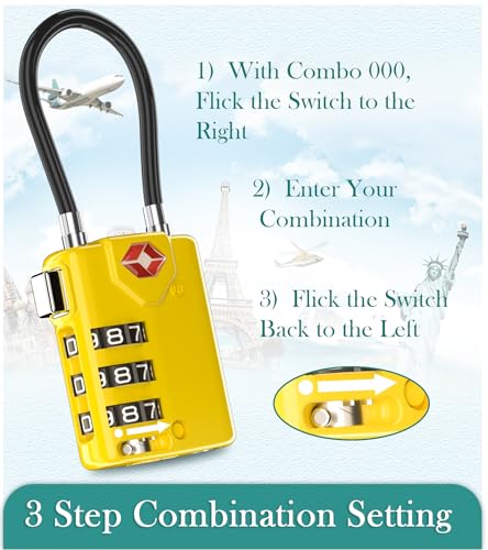 Search Alert TSA Approved Travel Combination Luggage Cable Locks for Suitcase, Gym Locker,Toolbox,Backpack 1,2,4,6 &10 pk (Yellow 4 Pack) - color: Yellow 4 Pack