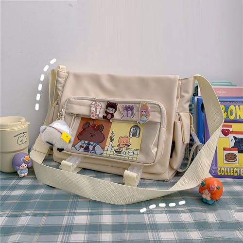 Kawaii Crossbody Ita Bag for Women with Pin and Plush Penguin, Cute Messenger Bag Japanese Crossbody Bag Y2K Purse - color: Beige, size: Medium-Compact