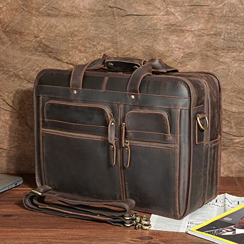 Polare Modern Messenger Bag with Retro Feel 17" Men’s Laptop Briefcase with Full Grain Leather and Premium YKK Zippers - color: Dark Brown(fit 15.6" Laptop)