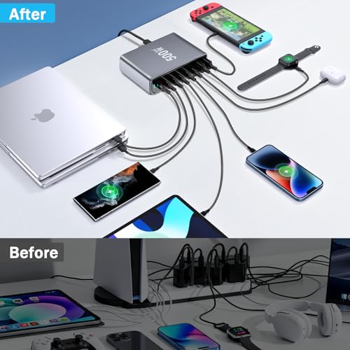 500W USB C Fast Charger Block, PD3.1 140W Multi-Port USB Charging Station, GaN Ⅲ PD PPS Fast Charging Station for Multiple Devices,Laptop Wall Charger Compatible with iPhone 17/iPad/MacBook etc - size: 500W+A 240W Braided Nylon Fast Charging Cable