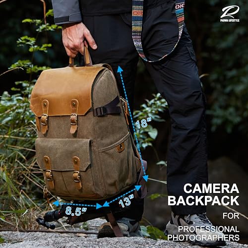 Padwa Lifestyle Khaki Professional Camera Backpack - Retro Crazy Horse Art Cowhide Canvas Large Camera Bag with Multi Camera&16β Laptop Thick Compartment,Weather Resistant Photography Backpacks - color: Khaki