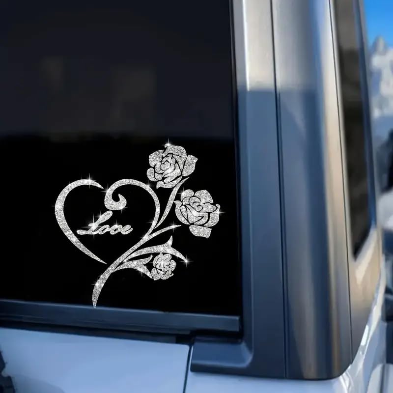 2pcs Sparkling Sunflower Heart Shaped Rose Self-Adhesive PVC Rainbow Glittery Decal Sticker for Cars, Laptops, Trucks, Motorcycles Wall Window Luggage Scratch Cover Door Multi-Surface Decor Sticker