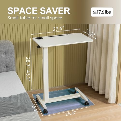 Adjustable Overbed Table with Wheels, Over Bed Tray with Cup Holder | Rolling Medical Adjustable Height Standing Laptop Desk, Portable Hospital Bedside Tables, Pneumatic Computer Cart| White - color: White
