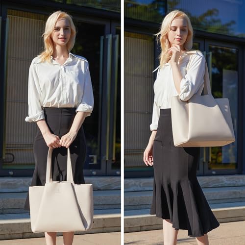LOVEVOOK Laptop Tote for Women - 15.6 Inch Faux Leather Laptop Bag with Clutch, Large Capacity Office Purse Computer - color: Off-white, size: 15.6 inch