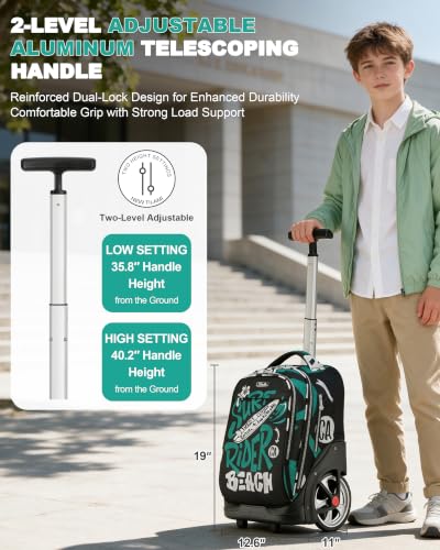 NEW TILAMI 19 Inch Rolling Backpack with Lunch Bag School Stair-Climbing | Stair-Climbing Teen Boys Girls Carry-on Suitcase Large Compartment 15.6 Laptop Sleeve Adjustable Handle Roller Travel Bag - color: Green Surf