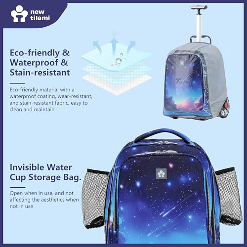NEW TILAMI 20 Inch Rolling Backpack for School Stair-Climbing Big Wheel | Teen Boys Girls Carry-on Suitcase Large Organizer Compartment 15.6 Laptop Sleeve Adjustable Handle Roller Travel Bag College - color: Spacey Blue