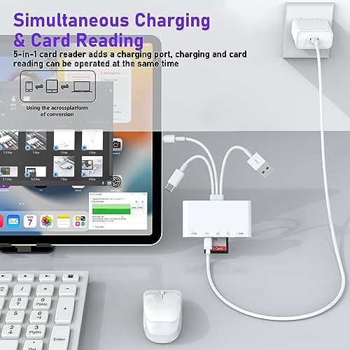 5-in-3 SD Card Reader for iPhone iPad with USB A & Charging Port, Lightning + USB A + USB C to SD Memory Card Reader for iPhone/iPad/Android/MacBook/PC/Tablet/Camera/Hard Disk/Flash Drive