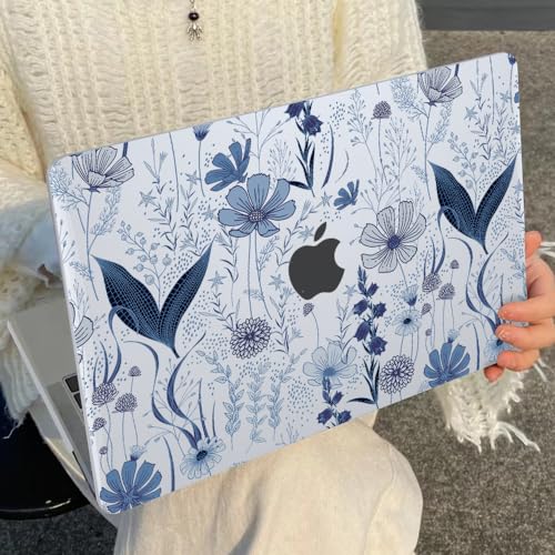 Compatible with 2018 2019 2020 2021 MacBook Air 13 inch Case M1 A2337 A2179 A1932, Clear Printed Pattern Hard Shell Case & Keyboard Cover for Mac Air 13 M1 Touch ID, Navy Blue Wild Flowers - color: Navy Blue Wild Flowers