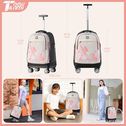 NEW TILAMI 19 Inch Rolling Backpack for School Travel with 4 Spinner Wheels | 360°rotating Universal Wheel, Large Organizer Compartments, Adjustable Handle, Carry on for School Students Business Travel - color: Pink Mountain Forest