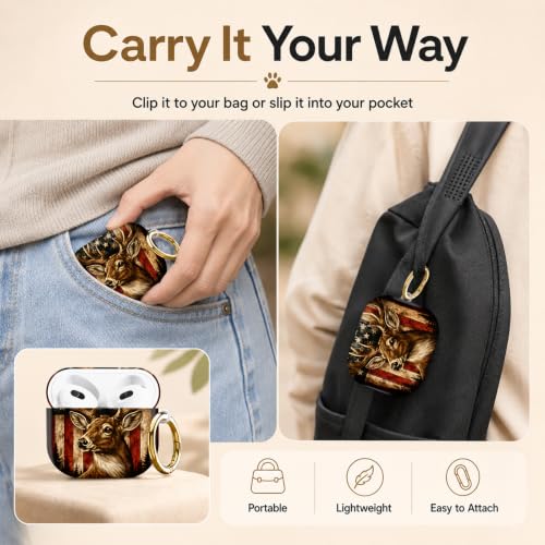 Compatible with AirPod 4 Case 2024, Cute Hard Plastic Protective Cover for Airpod 4th Generation Women, Shockproof Shell Skin with Gold Ring Keychain,American Flag Deer Forest - color: American Flag Deer Forest