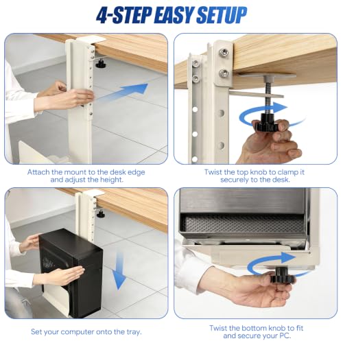 TooCust Adjustable Under Desk PC Mount, Heavy Duty No Drilling Clamp Mount on Desk Fits Most PC Tower 14.5”-22.4” (H) , Thickened & Ultra Strong CPU Holder for Standing Desk & Home Office, White - color: White