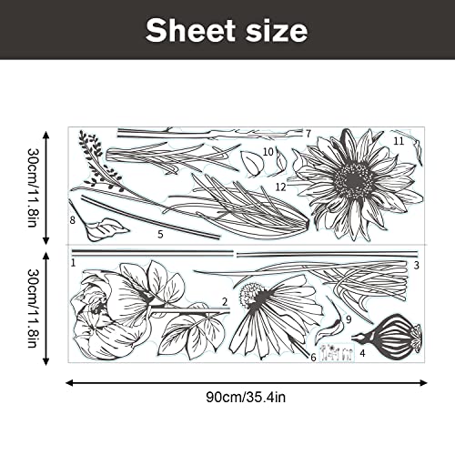 Black Simple Flower Plant Wall Decals, 2 Sheets Large Boho Floral Modern Wall Stickers Peel Stick Sketch Wildflower Wallpaper Art Decor for Bedroom Living Room Office Gifts for Mom(11.8x35.4 in/Sheet) - style: Black Simple Flower Set