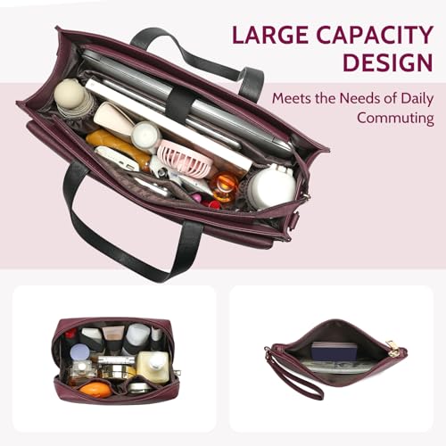 Keyli 3pcs Laptop Bag for Women 15.6 Inch Leather Work Tote Bags Professional Business Office Computer Shoulder Briefcase - color: Sets-black-red
