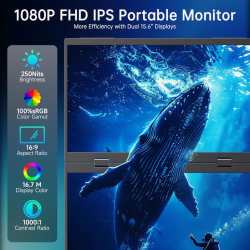 Portable Monitor 15.6" Dual Foldable FHD USB-C Laptop Screen Extender | FHD 1080P Ultra-Slim Travel IPS Display with HDR,100% sRGB VESA & Built-in Speakers for Mac Phone PS5 Xbox Switch - size: Dual15.6