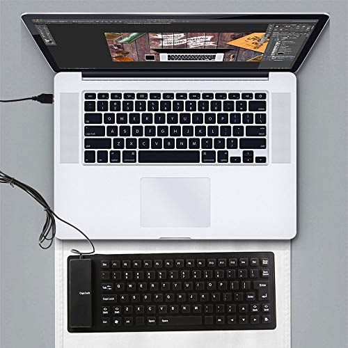 Foldable Silicone Keyboard, USB Waterproof Travel Gaming Wired Rollup Keyboard - Full Size, Compatible with Windows, PC, Laptop, Mac Notebook (Black)