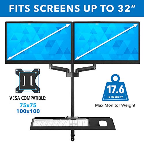 Mount-It! Dual Monitor Arm Wall Mount Workstation with Keyboard Tray & CPU Holder, Height Adjustable Gas Spring Full Motion Computer Station, Fits 17–32” VESA 75x75 100x100, Black - size: Dual Monitor