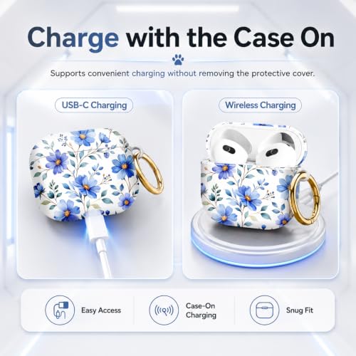 Compatible with AirPod 4 Case 2024, Cute Hard Plastic Protective Cover for Airpod 4th Generation Women, Shockproof Shell Skin with Gold Ring Keychain,Blue Flowers Green Leaf - color: Blue Flowers Green Leaf